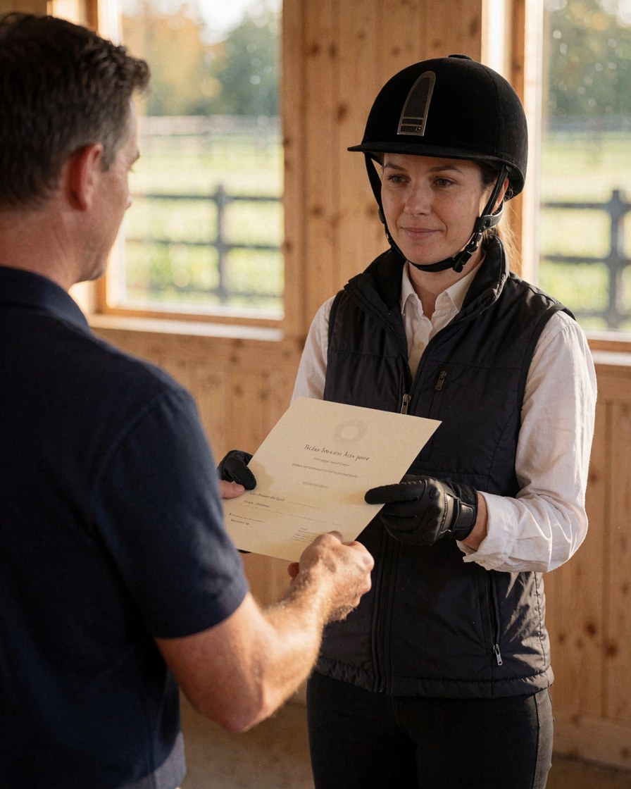 Instructor presenting a certificate to a happy equestrian client inside a stable with wooden walls and a window overlooking the grass.