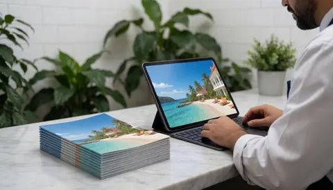 Tour brochures and a tablet displaying a beach scene rest on a marble table with white tiled walls and green plants, ideal for a travel agency.