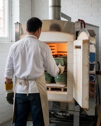 Worker placing green ceramic pots into a kiln inside a pottery workshop with white brick walls and natural light