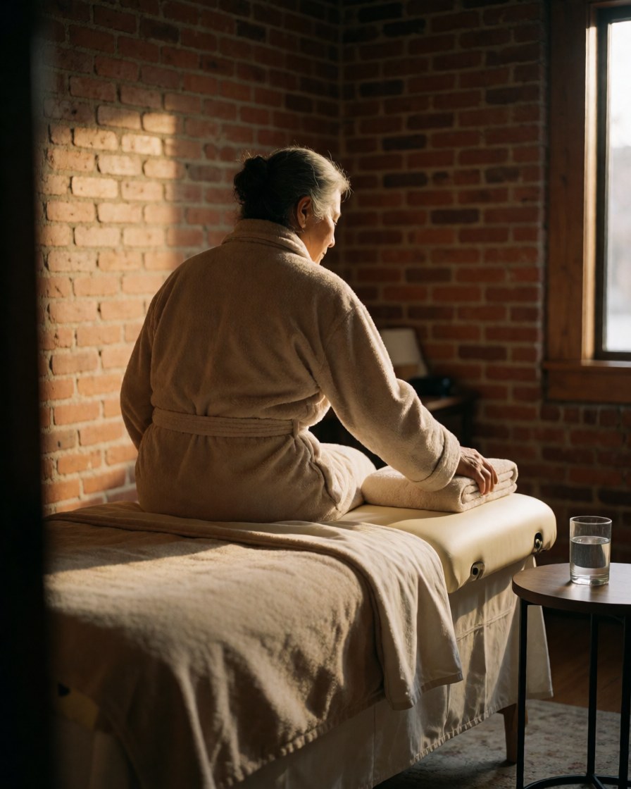 A relaxed client sits on a massage table in a room with a brick wall, warm lighting, and a water cup, creating a calm atmosphere for body massage.