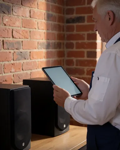 Senior client holding a tablet in front of large speakers against a brick wall with warm lighting for event sound systems