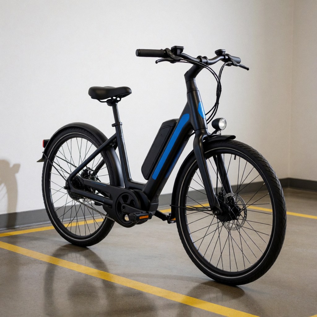 Black electric bicycle with blue details parked in a marked space with a yellow line, suitable for modern parking services.