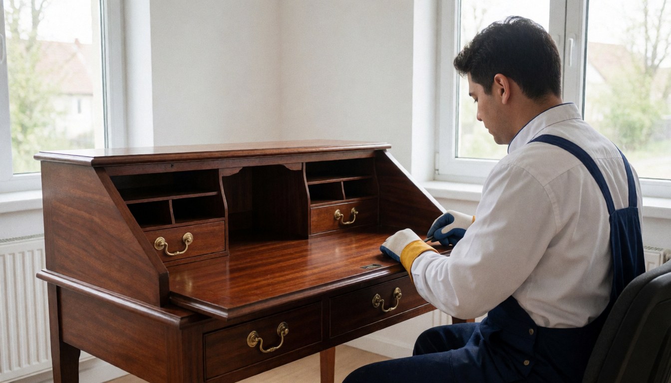Professional restoring an antique wooden desk with bright bronze in a workshop with white walls and natural light