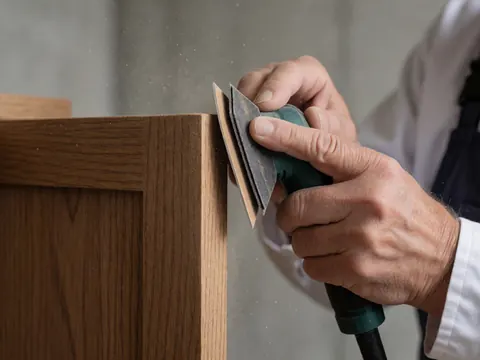Close-up of a hand using an electric sander on a wooden door edge, with dust particles floating in the air and a concrete wall in the background.