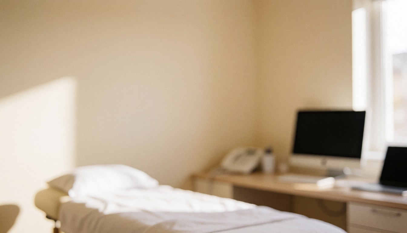 A massage table covered with white sheets in a room with beige walls and natural light