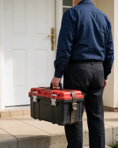 Electrician standing with back to camera holding red and black tool box in front of white residential door