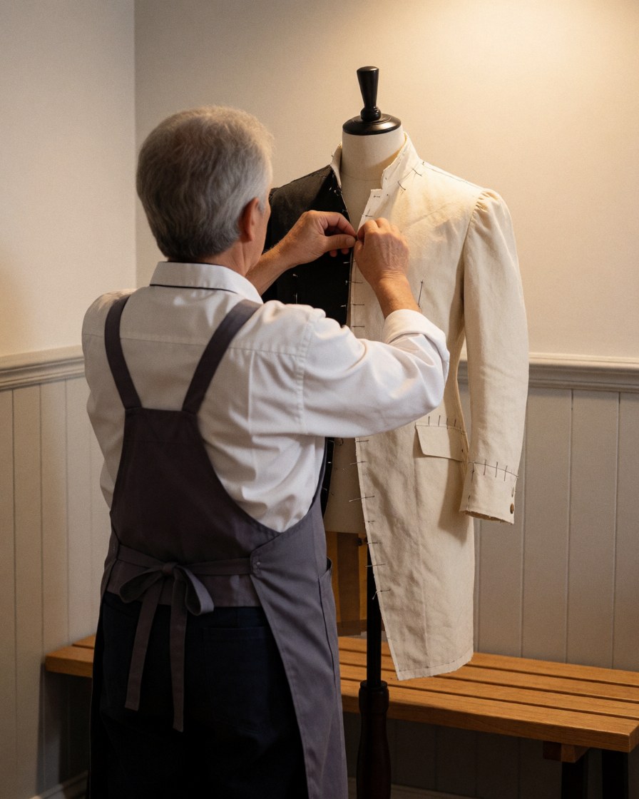 Tailor adjusting a suit on a mannequin in a professional sewing workshop with painted walls and a wooden workbench