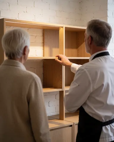 A customer and professional inspect light wood modular shelving in a carpentry shop with white brick walls.