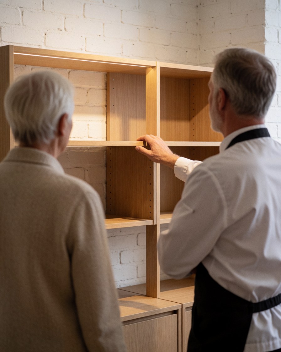 A customer and professional inspect light wood modular shelving in a carpentry shop with white brick walls.