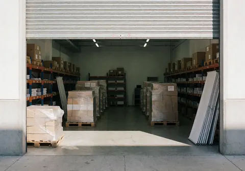 Loading dock entrance of a printing warehouse with paper pallets and industrial shelves under artificial light
