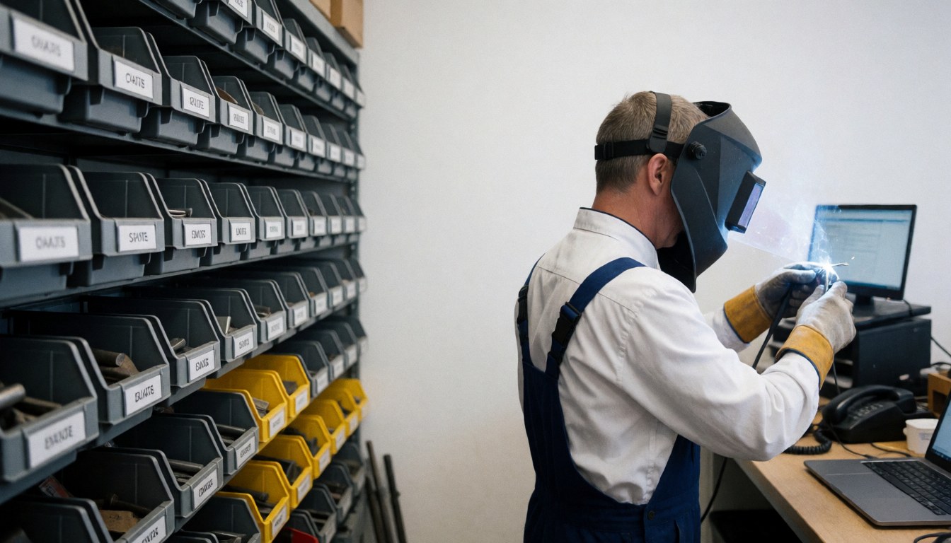 A professional works with a soldering iron and computer in an organized repair workshop with tools on shelves