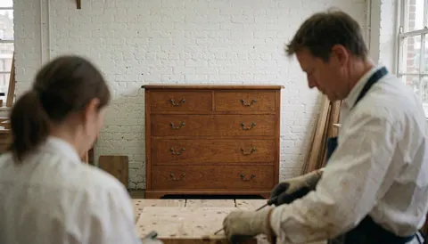 A craftsman working on an antique wooden furniture piece in a workshop with white brick walls and visible tools