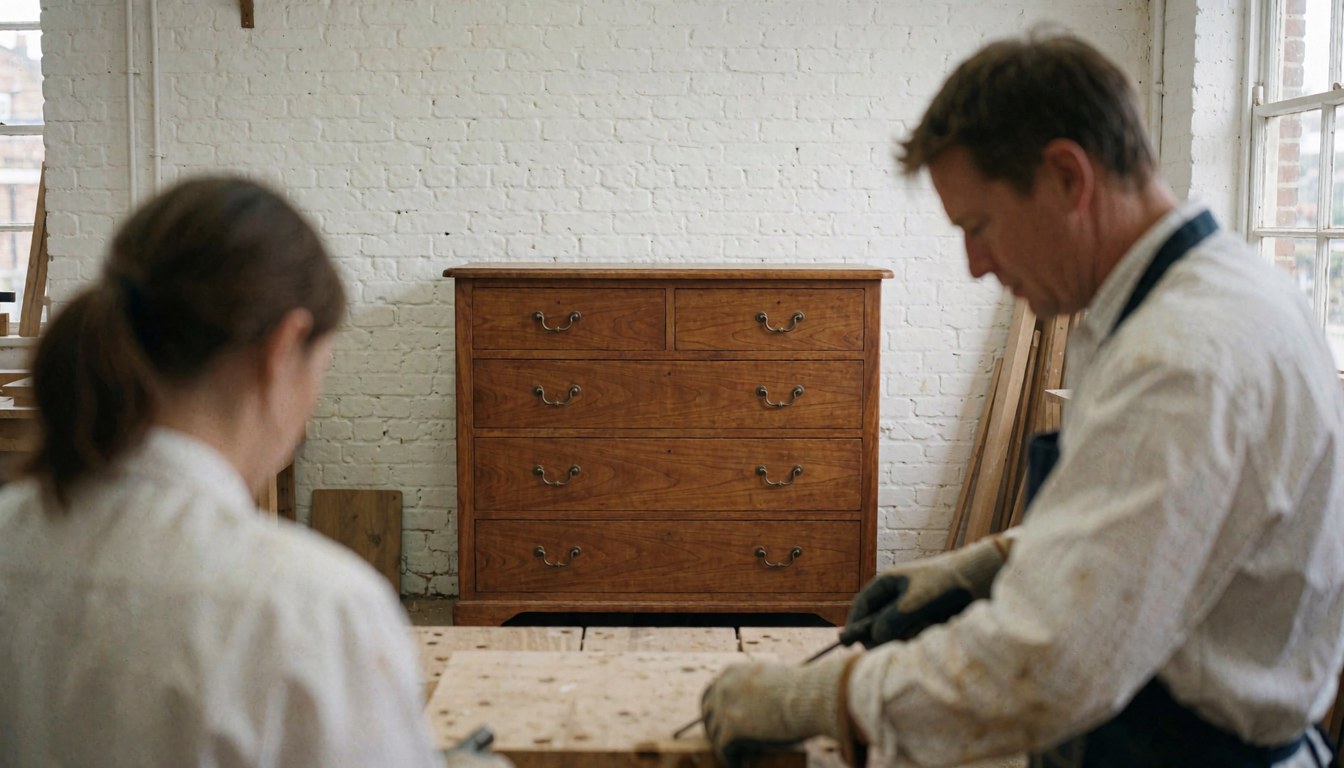 A craftsman working on an antique wooden furniture piece in a workshop with white brick walls and visible tools