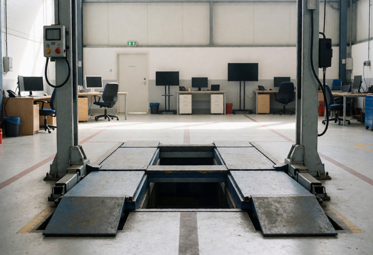 Low hydraulic lift in a tire shop with marked floor and metal structure ready for tire repair