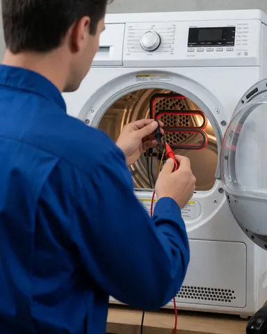 Technician in blue uniform checks red heating element in white dryer using multimeter in well-lit workshop