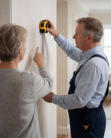 Door installer measuring a wall while pointing out a specific spot to a client during a home installation service.