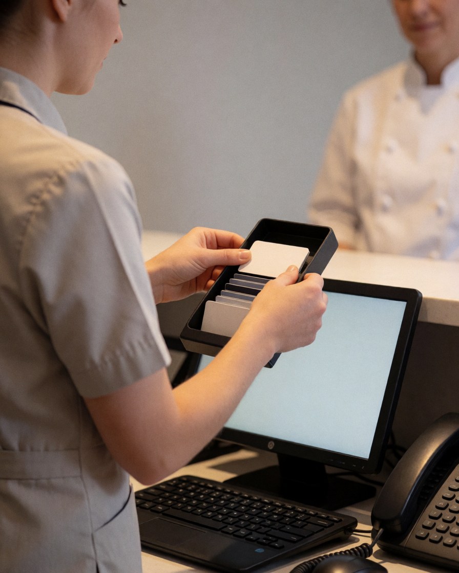 Receptionist organizing keys on a holder at a desk with a computer and phone, providing professional service in a hostel setting.