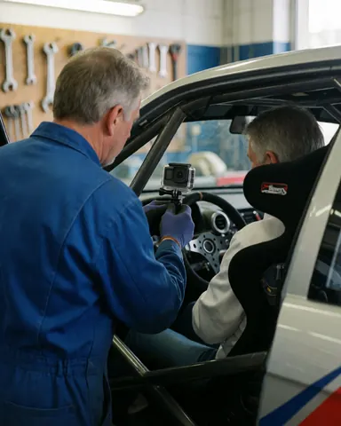 Mechanic in blue coveralls adjusts an action camera inside a race car equipped with a roll cage in a workshop with tools hanging on the wall.