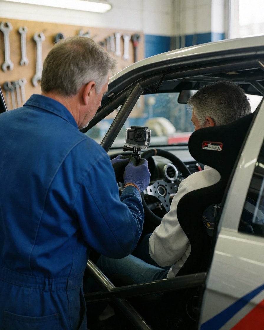 Mechanic in blue coveralls adjusts an action camera inside a race car equipped with a roll cage in a workshop with tools hanging on the wall.