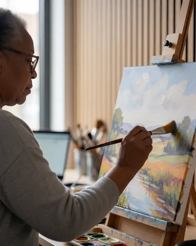 A woman wearing glasses paints a landscape on an easel using a brush and palette in a studio with light wood walls.
