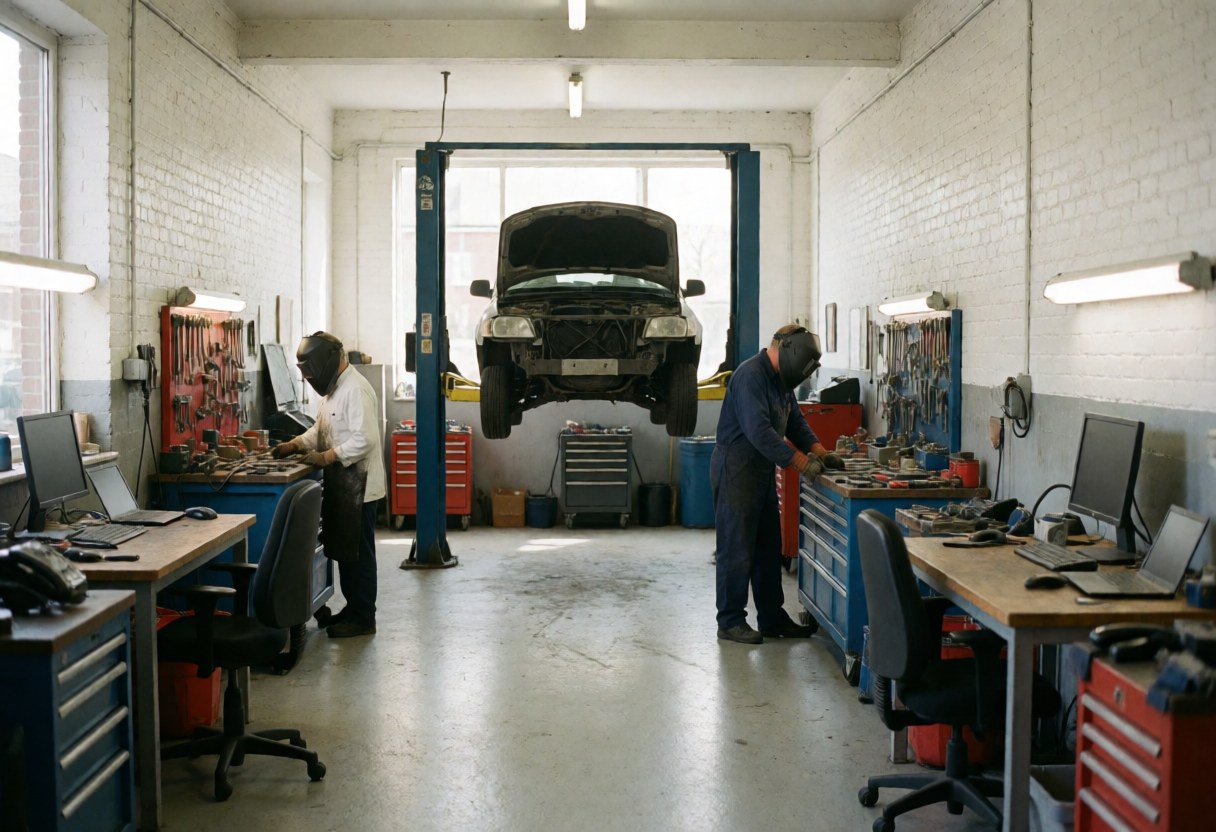 Car raised on a lift in a garage with white brick walls and tools on workbenches