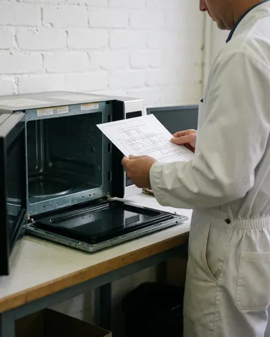 Technician in white uniform checks technical diagram next to disassembled microwave on workbench in workshop with white brick wall