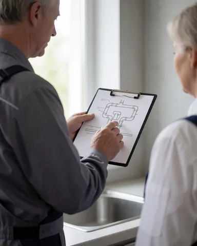 Plumber in gray uniform explains a pipe diagram to a client in a modern kitchen with a stainless steel sink.