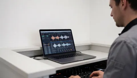 Side view of a DJ working at a desk with a laptop displaying waveforms and a sound mixer against clean white walls