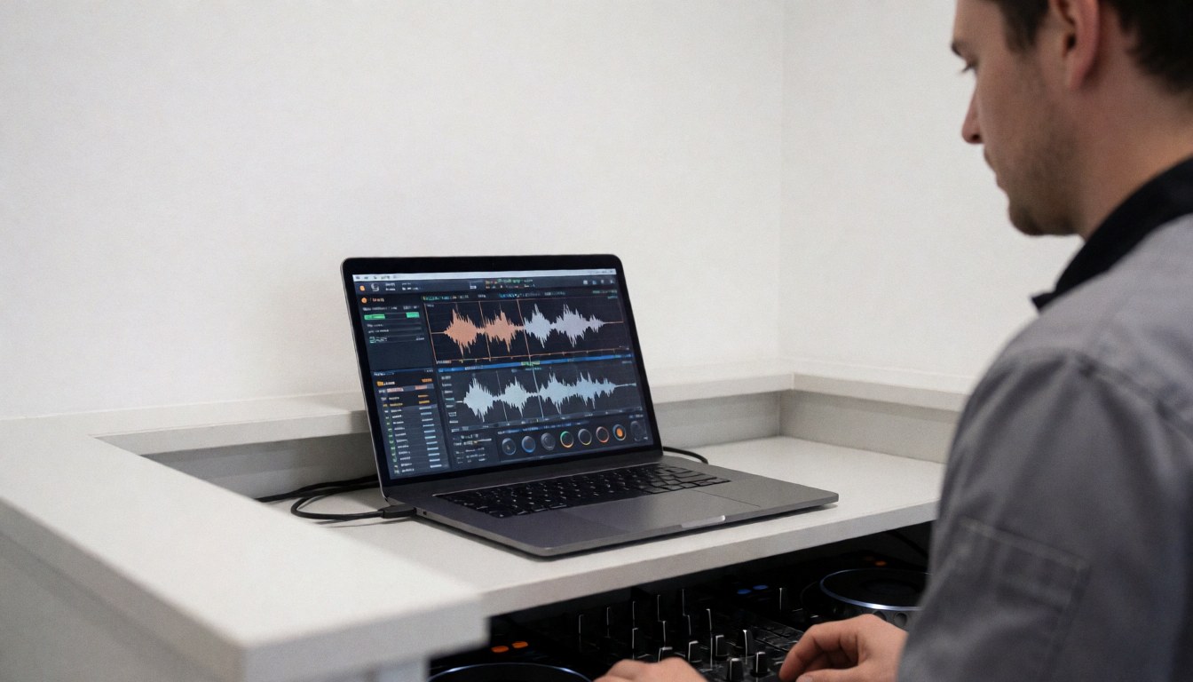 Side view of a DJ working at a desk with a laptop displaying waveforms and a sound mixer against clean white walls