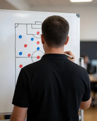 Soccer coach drawing a field diagram with red and blue dots on a whiteboard in a gym