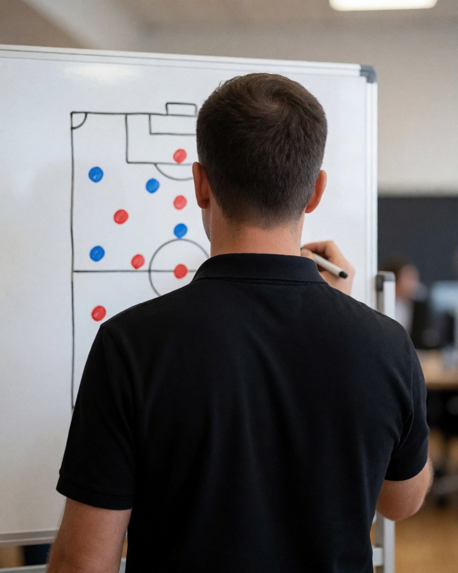Soccer coach drawing a field diagram with red and blue dots on a whiteboard in a gym