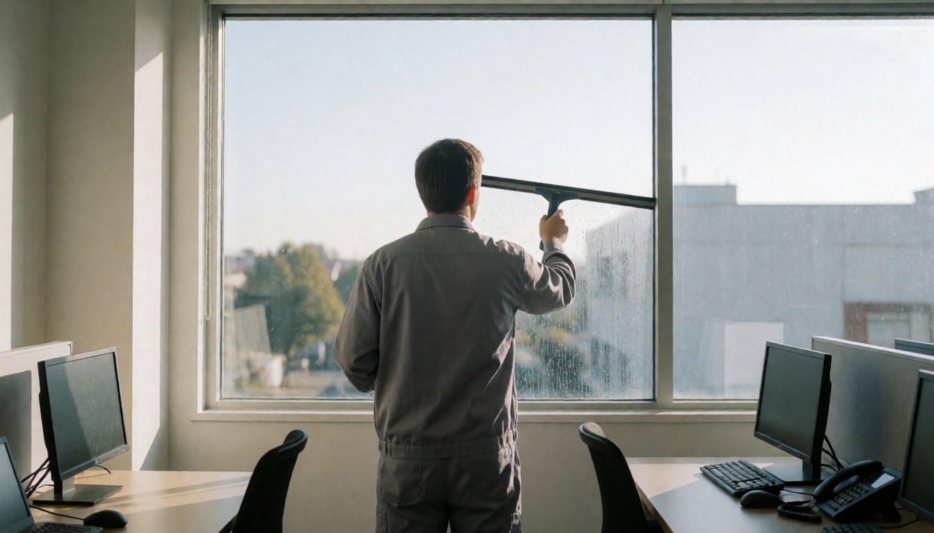 Professional cleaner in gray uniform cleaning a large office window with a squeegee, natural light and order.