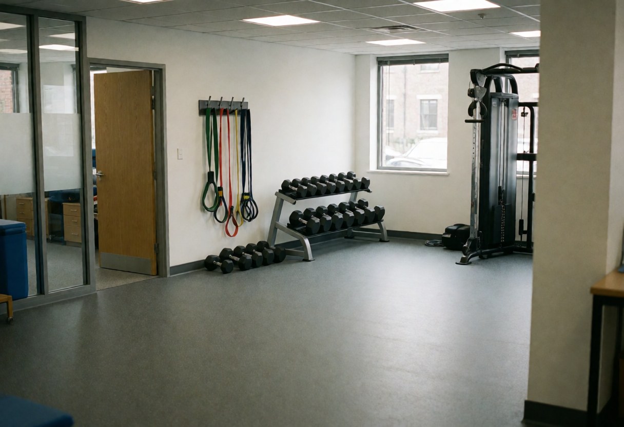 Training room with gray rubber flooring, resistance bands, weight rack, and cable machine for functional training and physiotherapy