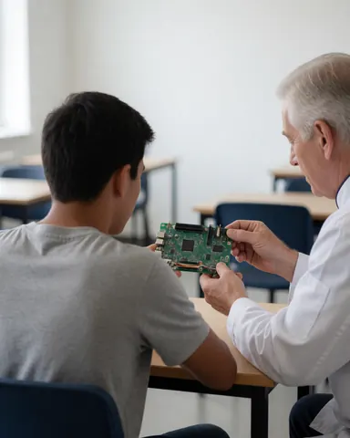 Mentor guiding a student with a circuit board in a robotics workshop classroom with tables and natural light