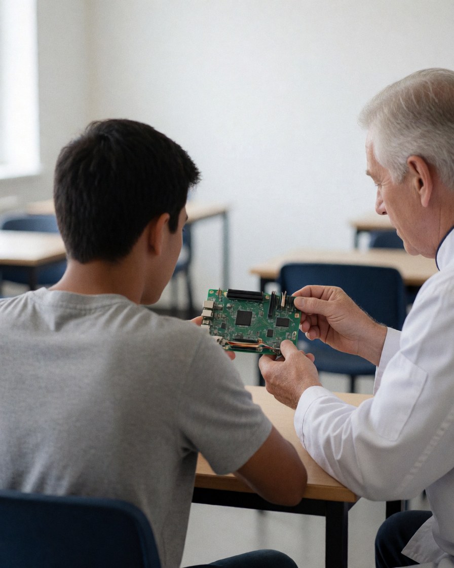 Mentor guiding a student with a circuit board in a robotics workshop classroom with tables and natural light