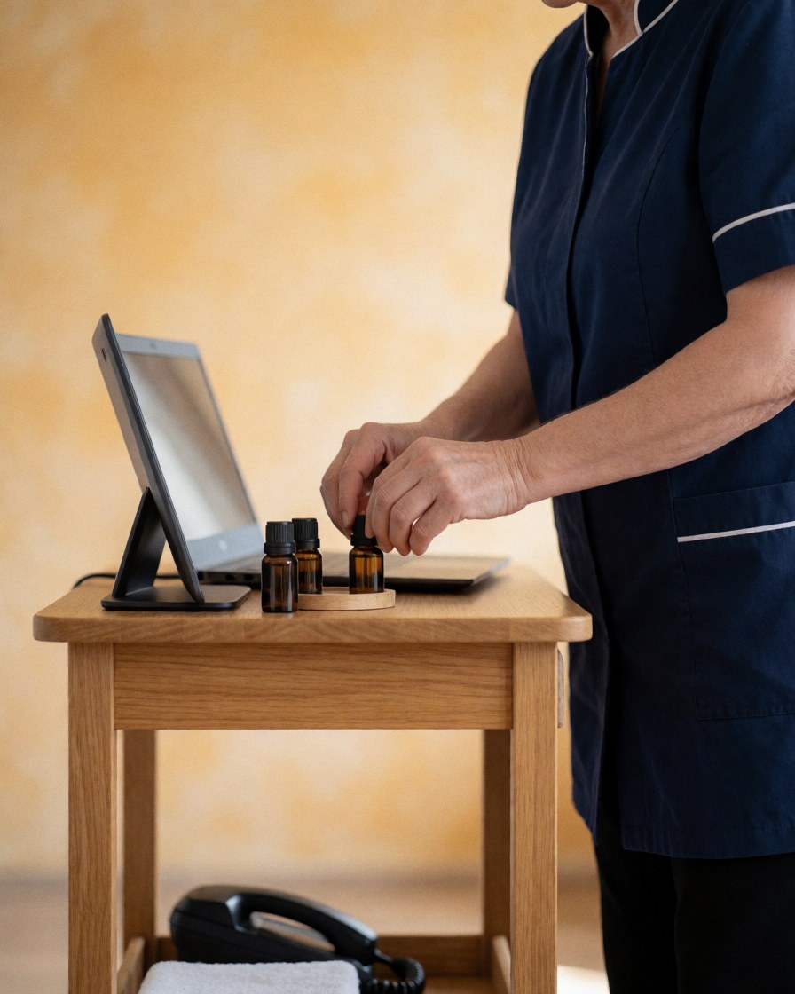 Close-up of therapist hands in blue uniform arranging essential oil bottles on a wooden surface with a warm professional background