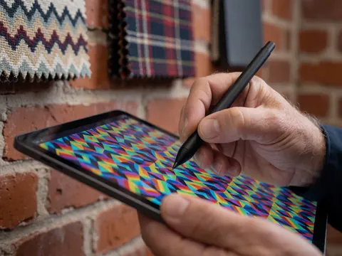 Close-up of a hand drawing a vibrant geometric pattern on a tablet screen using a stylus, with fabric swatches and a brick wall in the background.