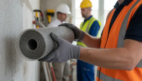 A worker wearing a hard hat and safety vest holding reinforcement mesh on a construction site with tools visible in the background.
