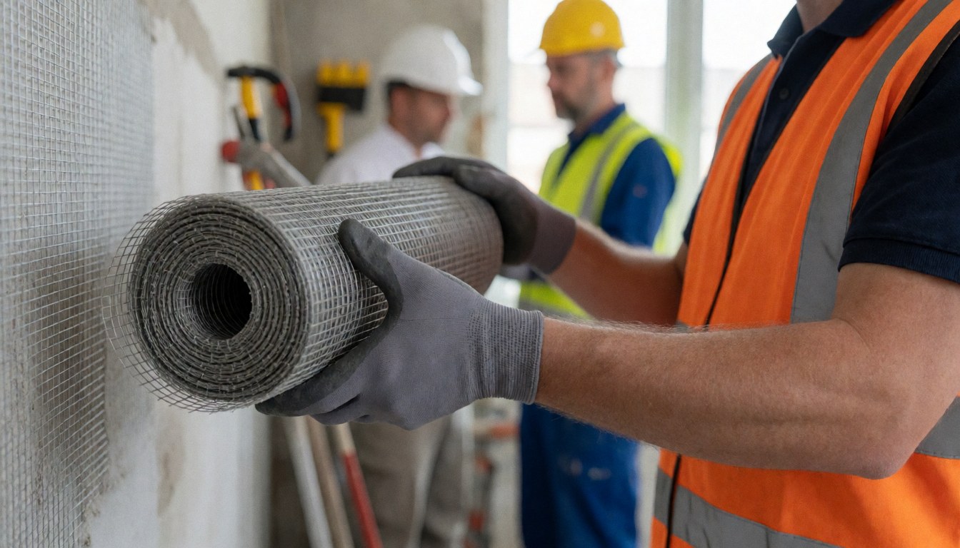 A worker wearing a hard hat and safety vest holding reinforcement mesh on a construction site with tools visible in the background.