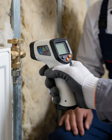 Technician verifying a brass heating valve with a digital thermometer during a service call