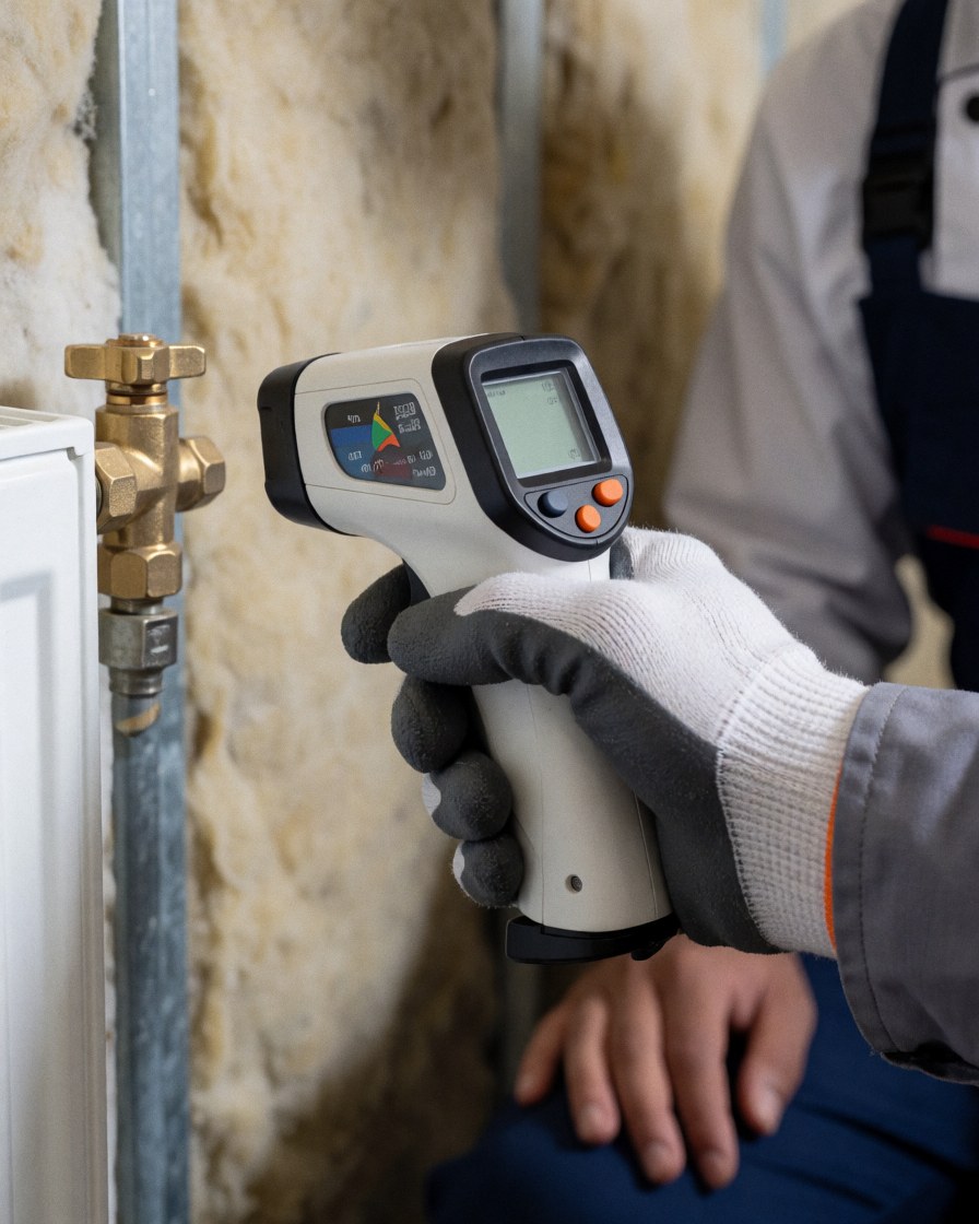 Technician verifying a brass heating valve with a digital thermometer during a service call