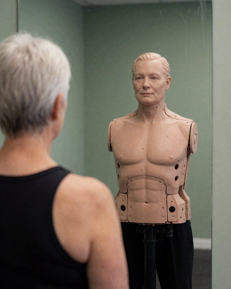 A woman checks the posture of a training dummy in front of a mirror in a gym with green walls.