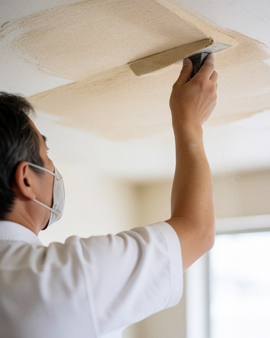 A worker wearing a mask applies stucco to an interior ceiling, demonstrating professional finishing techniques in natural light.