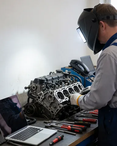 Mechanic welding a motorcycle engine on a workshop table with tools and bright lighting