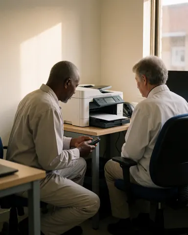 Technician inspecting a multifunction printer in a well-lit office while assisting a client.
