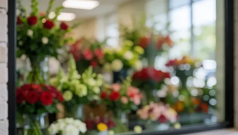 Colorful red, green, and yellow flowers in vases displayed in a florist shop window with a soft bokeh background ideal for promotional text