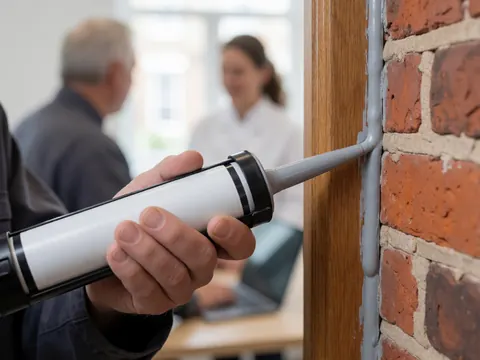 A worker applies gray sealant to the joint between a wooden window frame and a brick wall with a blurred background