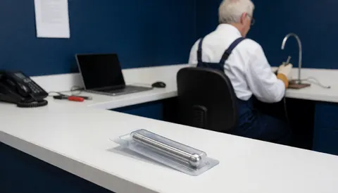 A piercing studio workspace featuring a blister pack product placed on a white counter with a professional working in the background