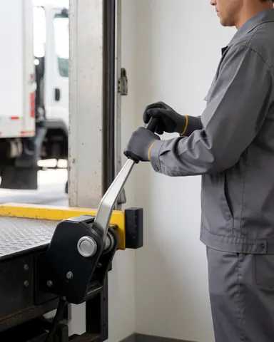 Worker wearing gloves operating a manual pallet jack in a warehouse near an open truck door for freight transport