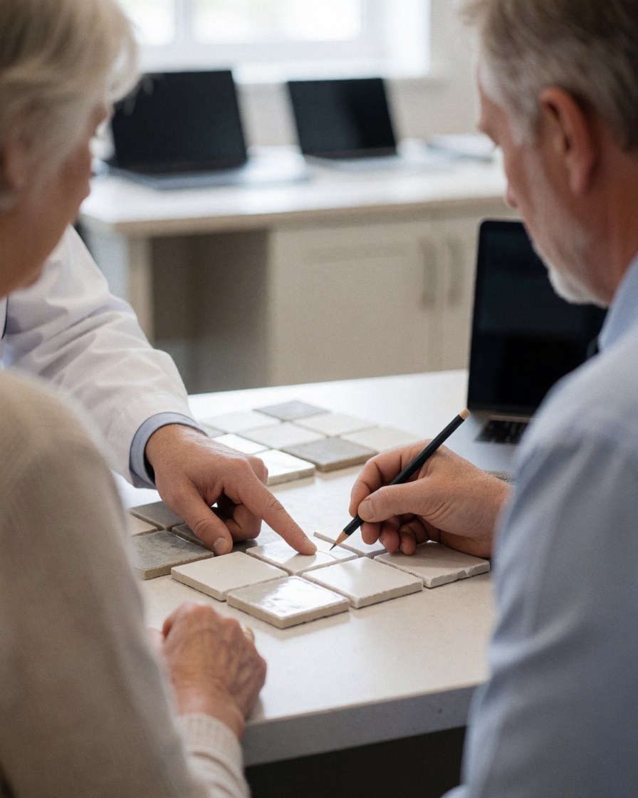 A tiler marks a precise measurement on a tile sample while a client reviews the tiles on a table for a home project.